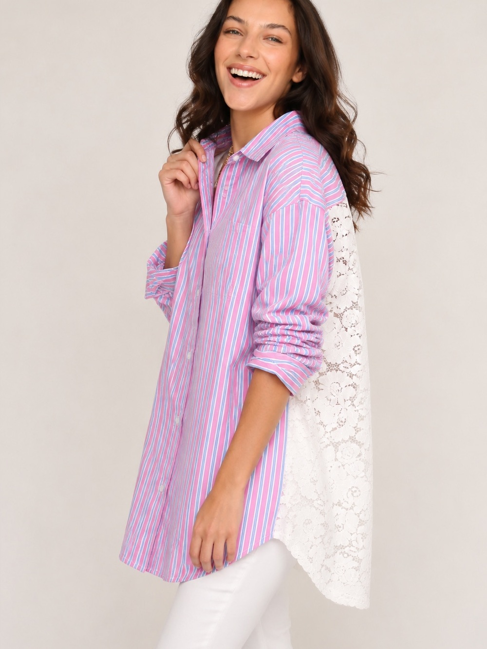 Romi Basha Pink Selena Striped Button-Up Tunic Shirt